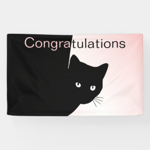 Bannière rose de félicitations pour chat noir rusé
