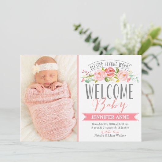 Bannière rose | Fille Faire-part de naissance (Debout devant)