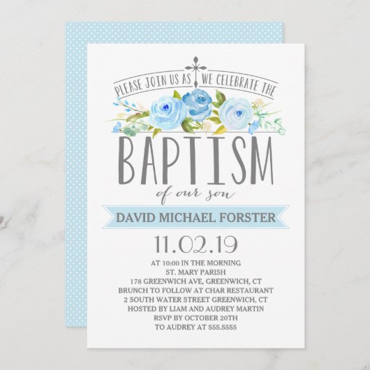 Bannière rose | Invitation Baptême garçon (Devant / Derrière)