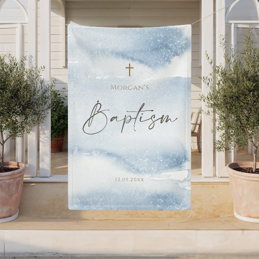 Bannière verticale baptême garçon aquarelle bleue