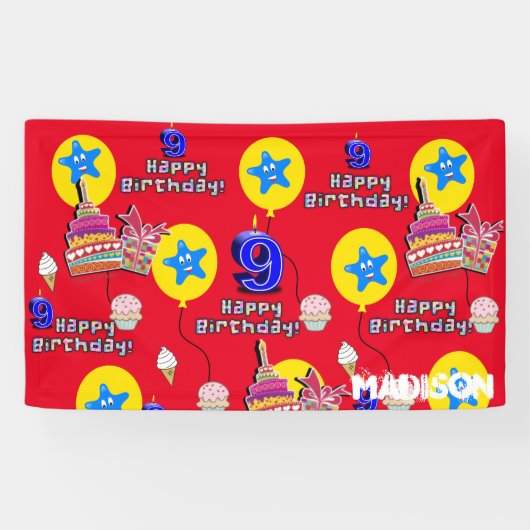 Bannière Vinyl, Bannière Joyeuse 9e Anniversaire,  (Horizontal)