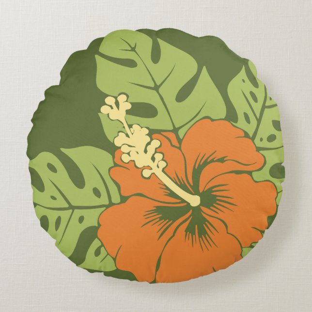 Banzai Beach Hawaiian Hibiscus Reversible Rond Kussen (Voorkant)