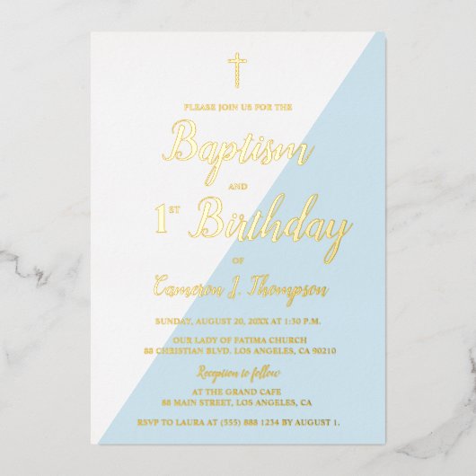 Baptême 1er anniversaire Invitation Croix d'or ble (Recto)