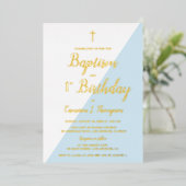 Baptême 1er anniversaire Invitation Croix d'or ble (Debout devant)