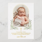 Baptême Arc Floral Photo Gold Foil Carte de remerc (Recto)