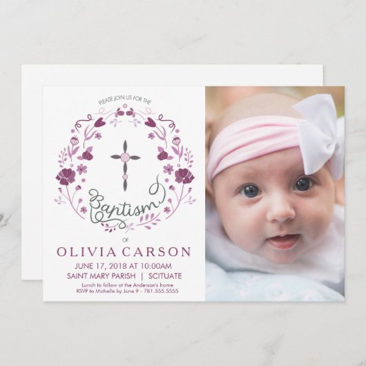 Baptême, Baptême Photo Invitation avec Croix (Devant / Derrière)