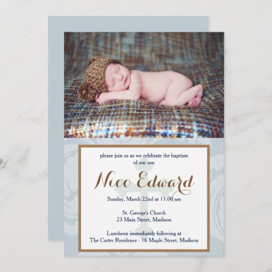Baptême Bénédiction Bleu Christening Invitation (Devant / Derrière)