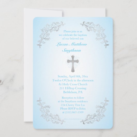 Baptême bleu croisé argent Invitation photo (Devant)