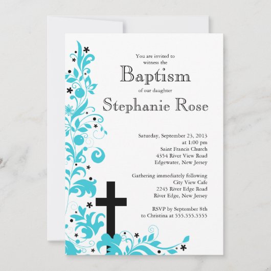 Baptême bleu croisé moderne de fleur, invitation (Devant)