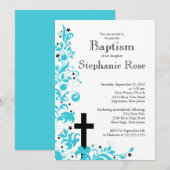 Baptême bleu croisé moderne de fleur, invitation (Devant / Derrière)