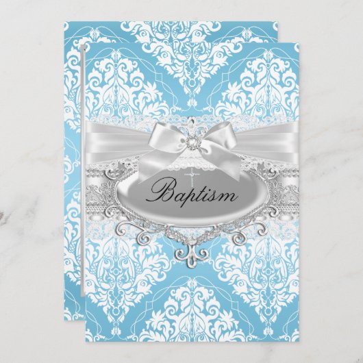 Baptême Bleu Damask Bow Invitation (Devant / Derrière)