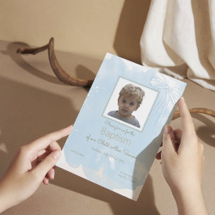 Baptême bleu doux Invitation avec Accents or