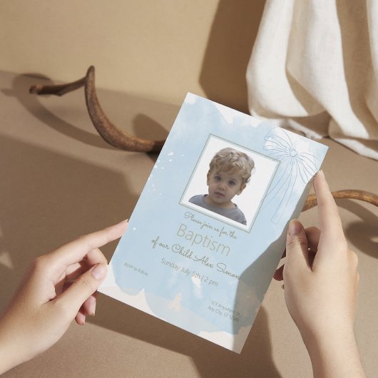 Baptême bleu doux Invitation avec Accents or