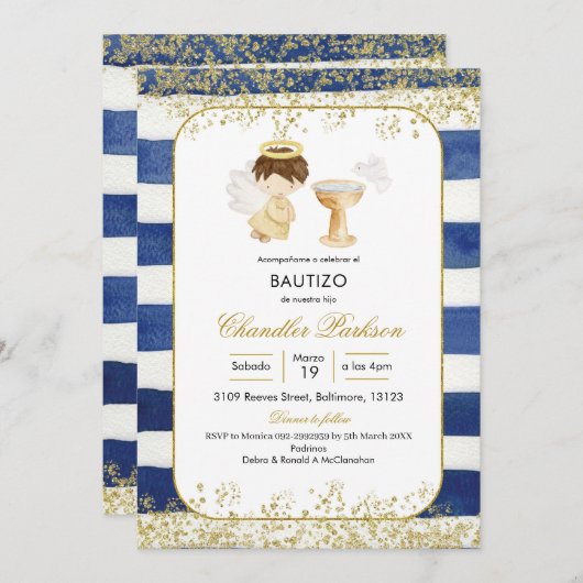 Baptême Bleu et Gold Boy Invitation (Devant / Derrière)