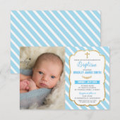 Baptême bleu et or Baby Boy Photo Invitation (Devant / Derrière)