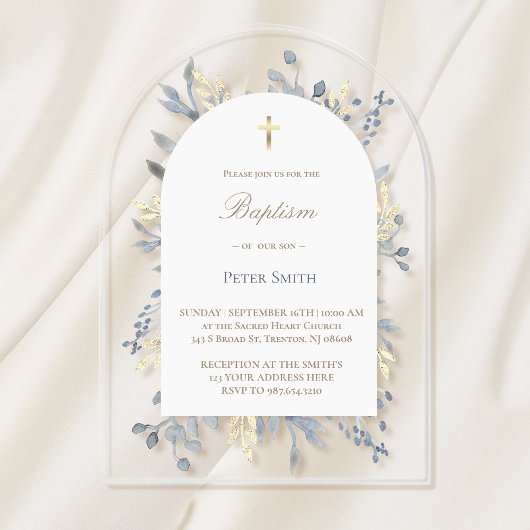 Baptême bleu feuillage acrylique invitation