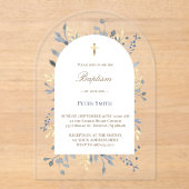 Baptême bleu feuillage acrylique invitation (Recto)