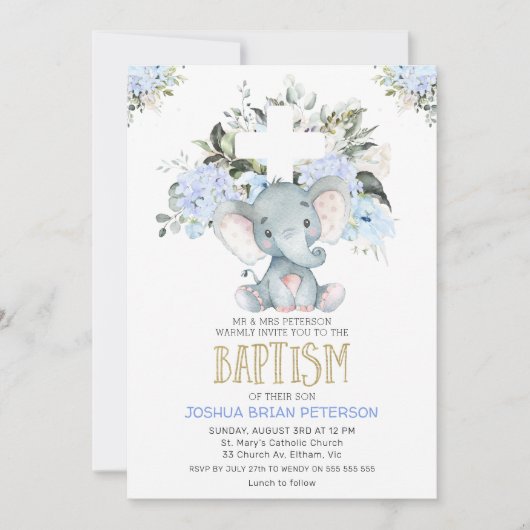 Baptême bleu floral bébé éléphant Invitation (Devant)