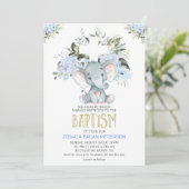 Baptême bleu floral bébé éléphant Invitation (Debout devant)