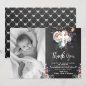 Baptême bleu floral de la dusse Carte de remerciem (Devant / Derrière)