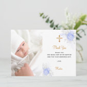 Baptême bleu floraux photo or garçon carte de reme (Debout devant)