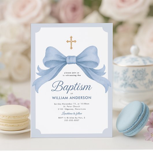Baptême Bleu Invitation avec croix et arc