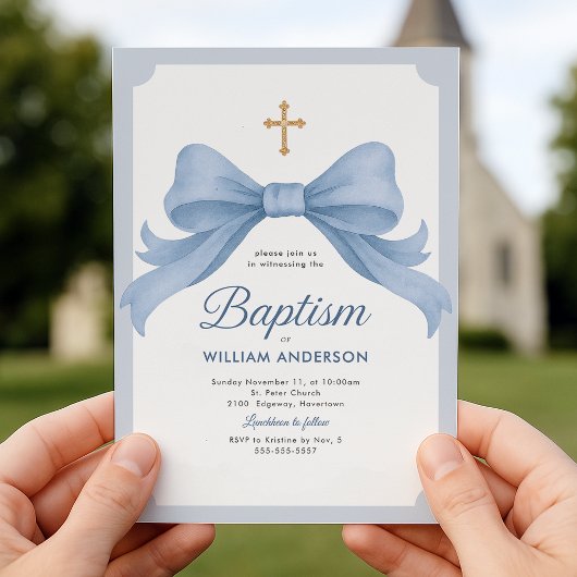 Baptême Bleu Invitation avec croix et arc