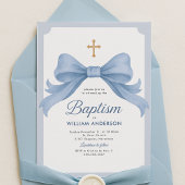 Baptême Bleu Invitation avec croix et arc