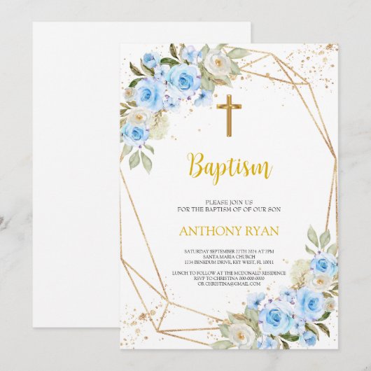Baptême Bleu Invitation garçon (Devant / Derrière)