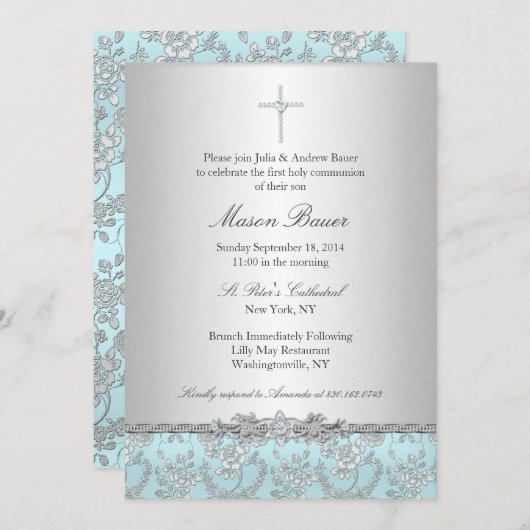 Baptême Bleu Rose & Cross / Invitation Christening (Devant / Derrière)