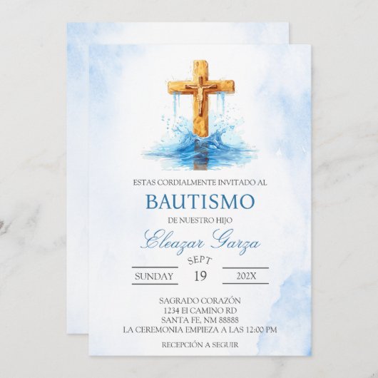 Baptême Blue Crucifix en espagnol Invitation (Devant / Derrière)