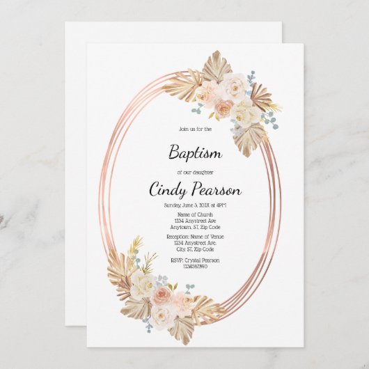 Baptême Boho invitation pour fille (Devant / Derrière)