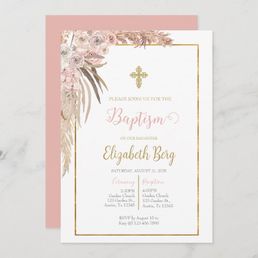 Baptême Boho invitation pour fille (Devant / Derrière)