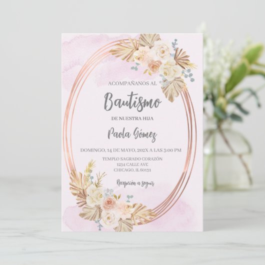 Baptême Boho rose invitation pour fille (Debout devant)