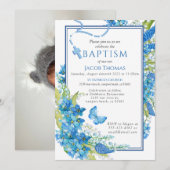 Baptême Boy Invitation Fleur bleue (Devant / Derrière)