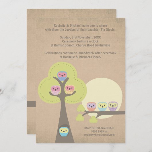 Baptême Cérémonie de baptême Cute Ows Invitation (Devant / Derrière)