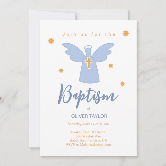 Baptême Christening Angel and Stars Invitation (Devant)