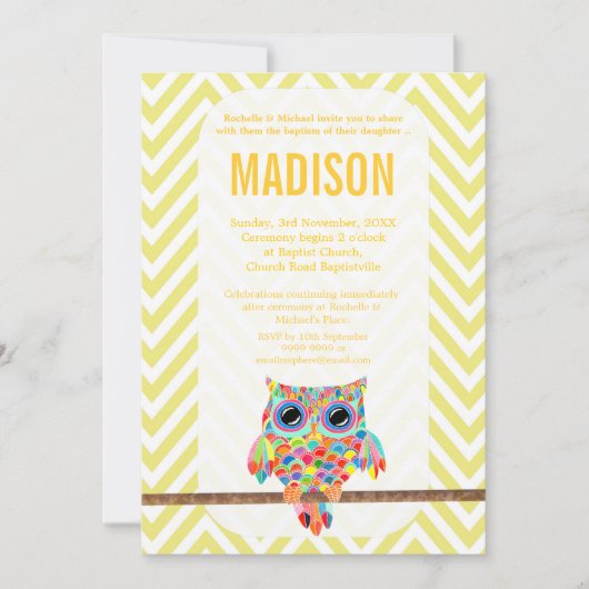 Baptême Christening Chevron Rainbow Owl Invitation (Devant)