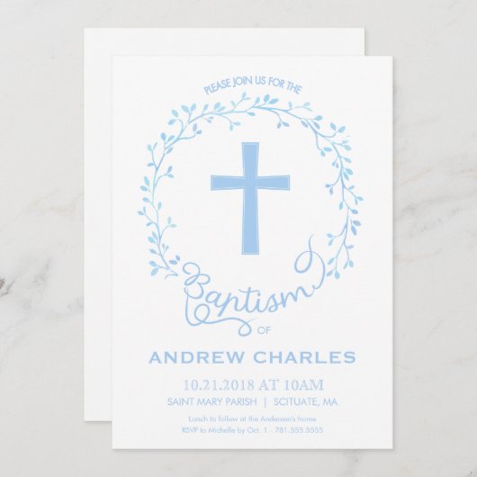 Baptême, Christening Invitation - Baby Boy Invitat (Devant / Derrière)