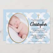 Baptême Christening invitation bleu & or (Devant / Derrière)
