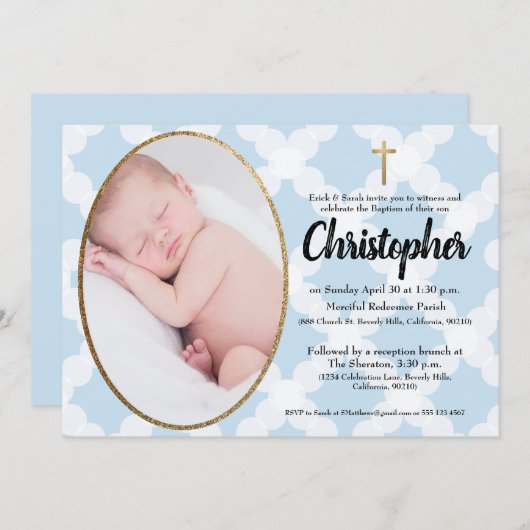 Baptême Christening invitation bleu & or (Devant / Derrière)