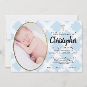 Baptême Christening invitation bleu & or