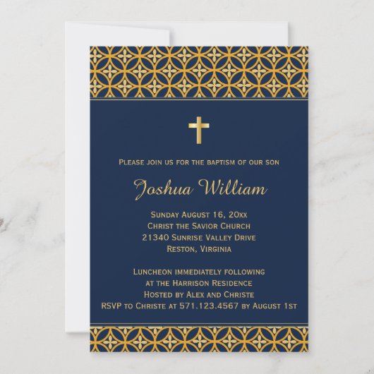Baptême Christening Invitation Marine Blue Gold (Devant)
