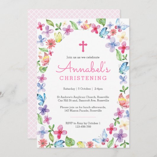 Baptême Christening Invitation Papillon floral (Devant / Derrière)