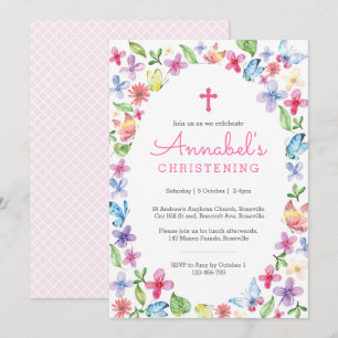 Baptême Christening Invitation Papillon floral