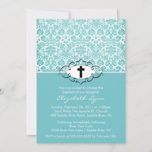 Baptême Christening Invitations Blue Damask (Devant)