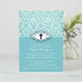 Baptême Christening Invitations Blue Damask (Debout devant)