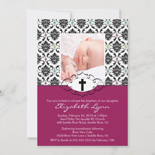 Baptême Christening Invitations Photo Black Damask (Devant)