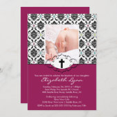 Baptême Christening Invitations Photo Black Damask (Devant / Derrière)