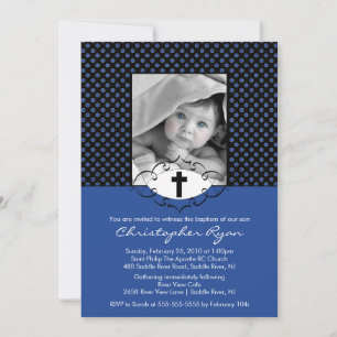 Baptême Christening Invitations Photo Blue & Black